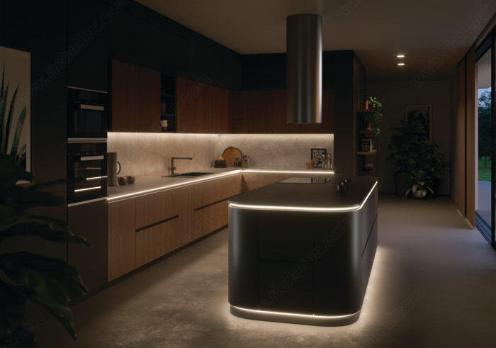 A kitchen in low light, with the back counter and central black island illuminated as if by a spotlight