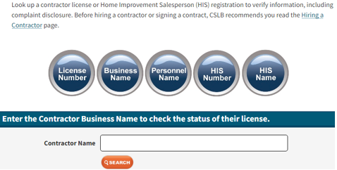 A screenshot of the CSLB page where you can verify if your contractor is licensed and insured