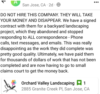 A nextdoor review from a user in San Jose who thought they were working with a licensed contractor