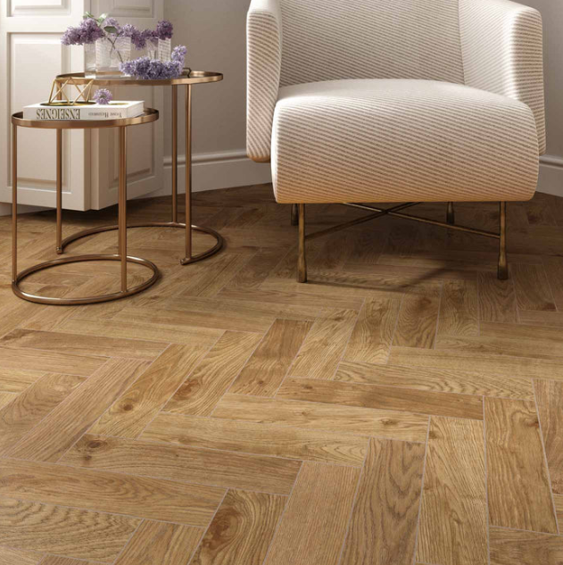 New tile that looks like a parquet wooden floor in a living room