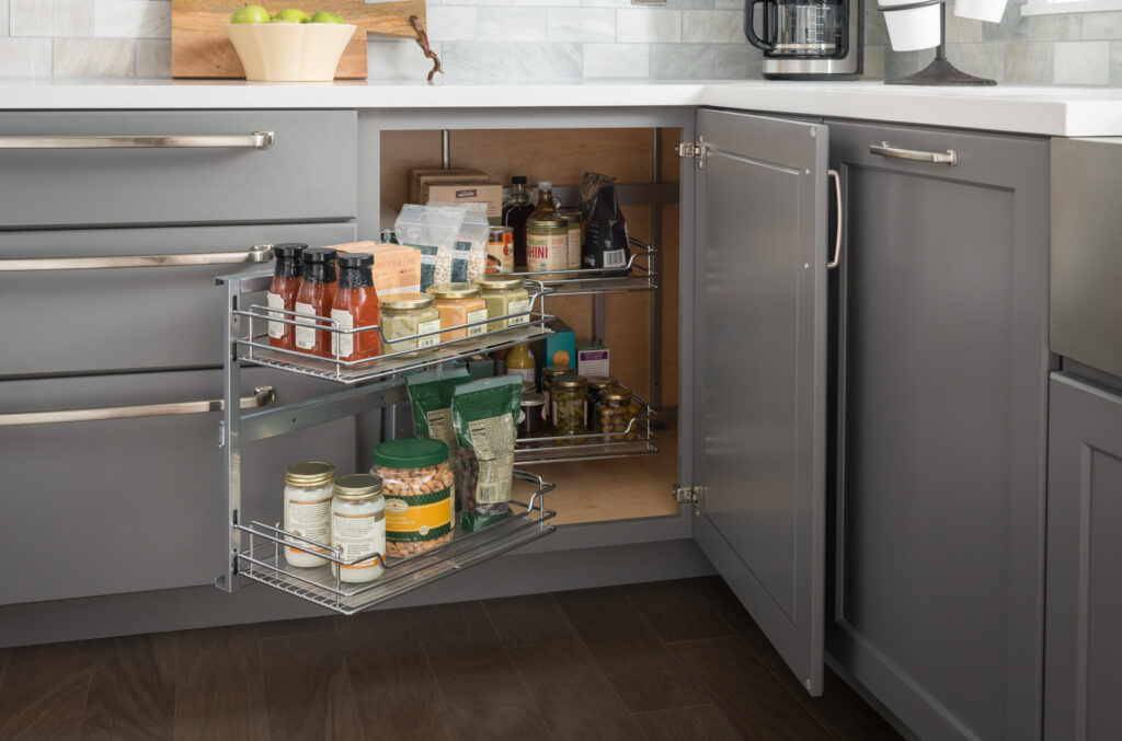 A segmented, two-part kitchen storage organizer with ample room for pantry ingredients