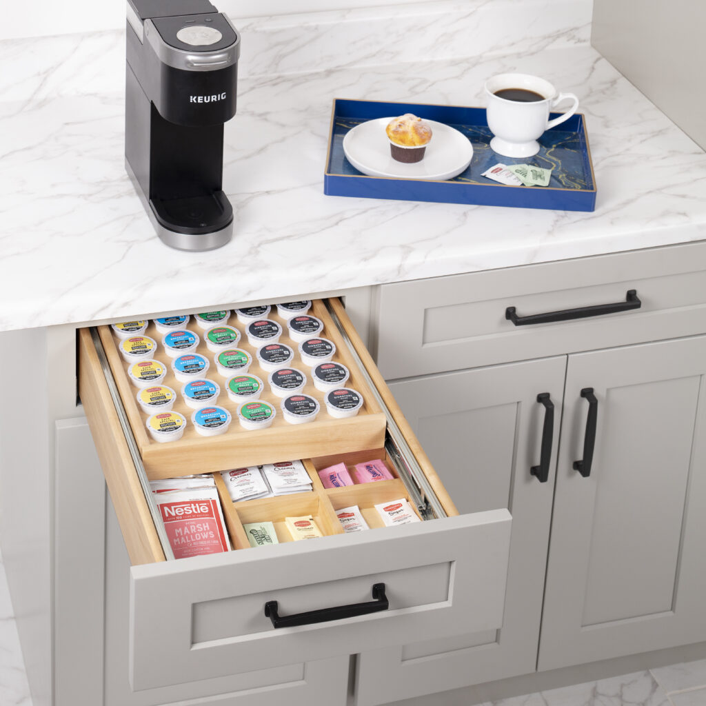 Coffee drawer organizer drawer insert with two levels, one for KCups and one for sugar packets, spoons, and more