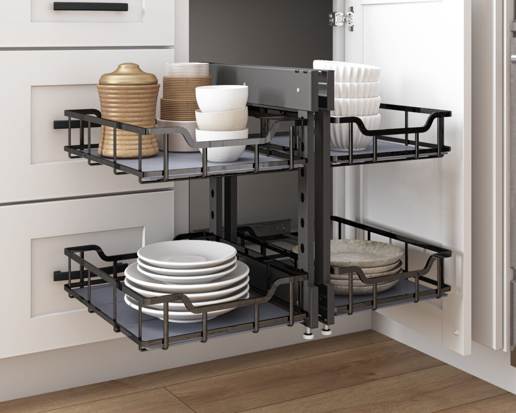 A four-shelf, rectangular kitchen storage option with 4 segments that slide individually out of corner cabinet