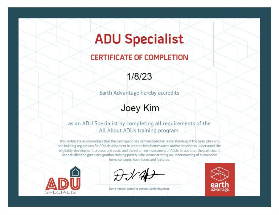 ADU Certificate of completion for Joey Kim 
