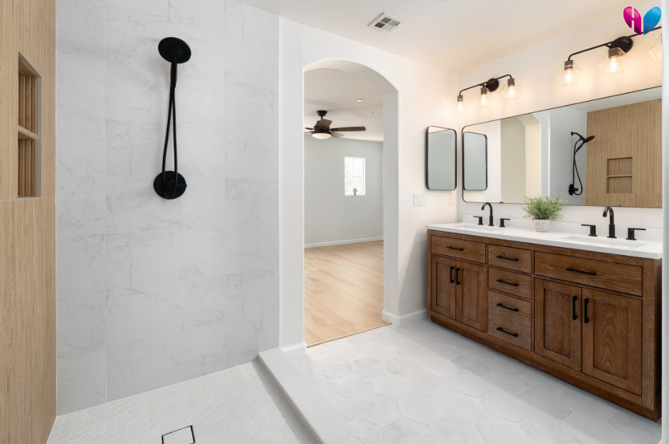 Altino bathroom remodel, with new shower design, new bathroom flooring, new vanity and lighting fixtures.